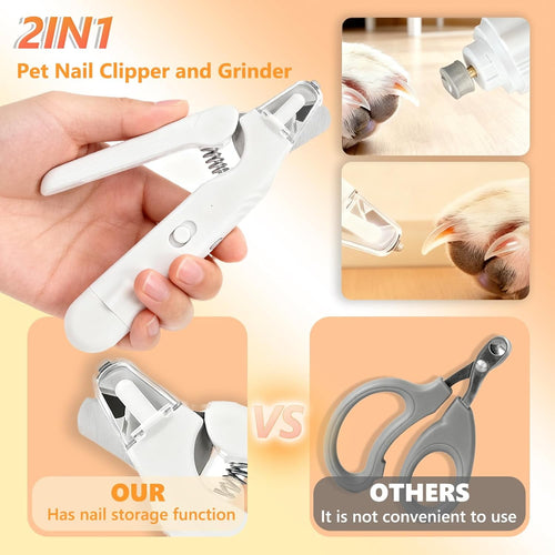 2-In-1 Dog Nail Grinder & Dog/Cat Nail Clippers Trimmers with 2 LED Lights,Rechargeable,Ultra-Quiet,Multiple Grinding Methods and Splash Guard for Small, Medium, and Large Dogs & Cats (White)